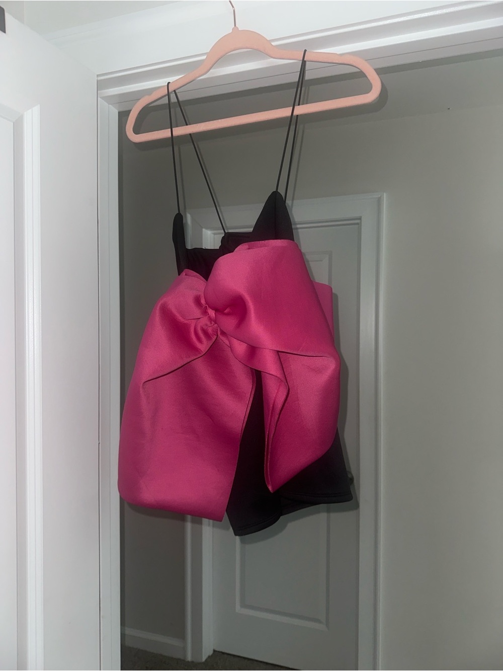Black Satin Mini Dress with Oversized Pink Bow